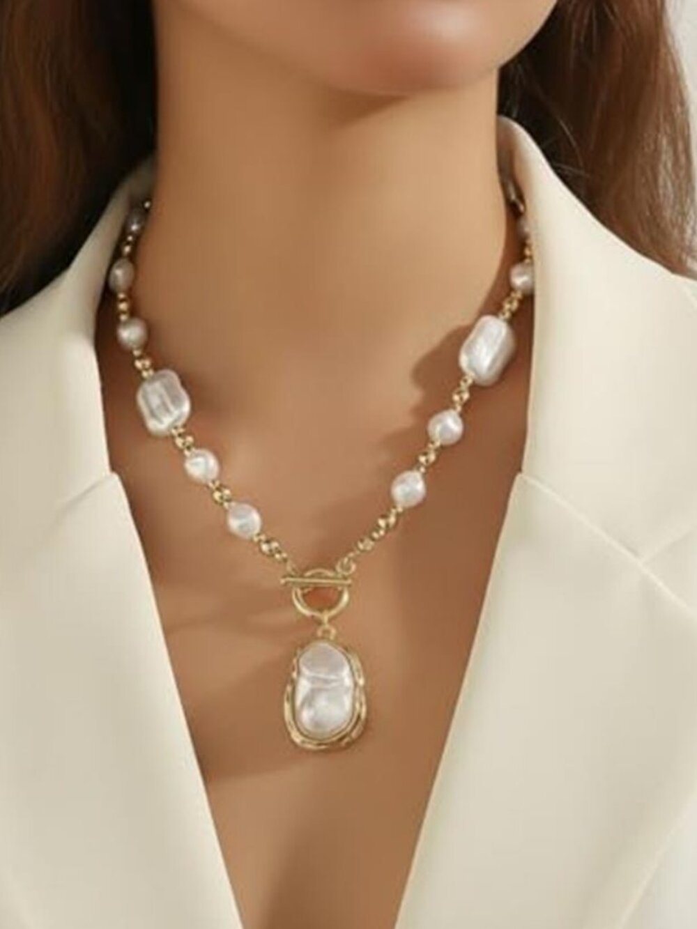White Baroque Pearl Chunky Necklace Gold Chain Link Statement